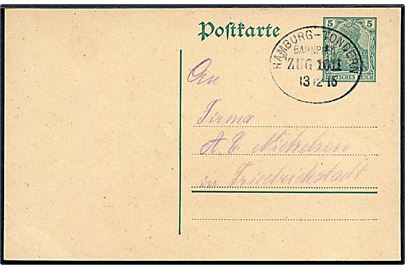 5 pfg. Germania helsagsbrevkort fra Langenhorn annulleret med bureaustempel Hamburg - Tondern Bahnpost Zug 1011 d. 13.12.1915 til Friedrichstadt.