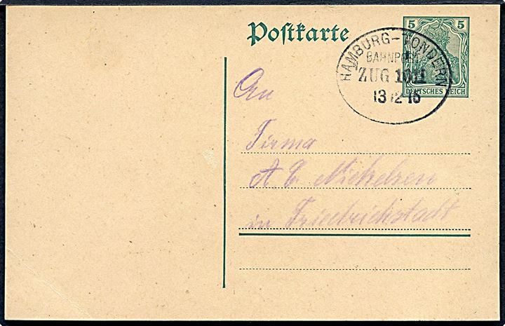 5 pfg. Germania helsagsbrevkort fra Langenhorn annulleret med bureaustempel Hamburg - Tondern Bahnpost Zug 1011 d. 13.12.1915 til Friedrichstadt.