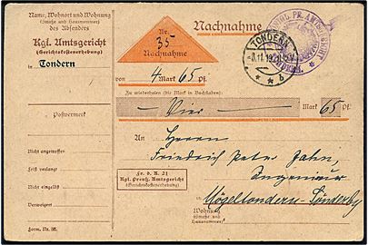 Ufrankeret postopkrævning sendt som tjenestepost stemplet Tondern **b d. 3.11.1919 til Mögeltønder.