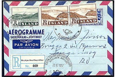 1,75 kr. helsags aerogram opfrankeret med 2 kr. og 10 kr. (2) Jökul sendt anbefalet fra Reykjavikurflugvöllur d. 23.6.1957 med ballon Jules Verne via Bruarland d. 23.6.1957 til Reykjavik.