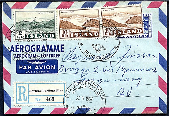 1,75 kr. helsags aerogram opfrankeret med 2 kr. og 10 kr. (2) Jökul sendt anbefalet fra Reykjavikurflugvöllur d. 23.6.1957 med ballon Jules Verne via Bruarland d. 23.6.1957 til Reykjavik.