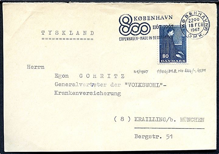 80 øre Georg Jensen på brev annulleret med TMS København 800 1167-1967/København OMK25 d. 18.2.1967 til Krailling, Tyskland.