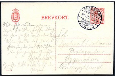 10 øre Chr. X helsagsbrevkort (fabr. 52-M) fra Ribe annulleret med bureaustempel Bramminge - Vedsted T.963 d. 26.1.1920 til Aggerschau, Sønderjylland. Interessant stedangivelse Sønderjylland i begyndelsen af afstemningsperioden 1920.