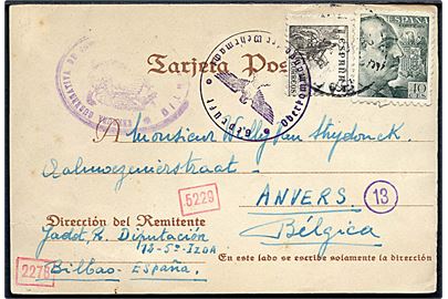 5 cts. Rytter og 40 cts. Franco på brevkort fra Bilbao d. 24.10.1941 til Anvers, Belgien. Lokal spansk censur fra Bilbao og tysk censur.
