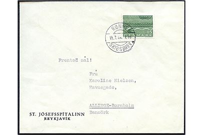 15 øre Fugleflugtslinie på tryksag fra Reykjavik annulleret med brotype IId Rønne Skibsbrev d. 15.7.1964 til Allinge, Bornholm.