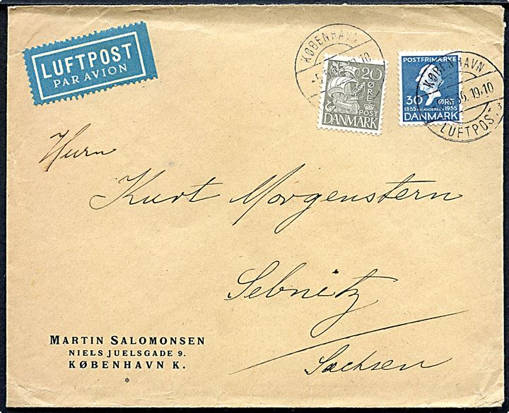 20 øre Karavel og 30 øre H. C. Andersen på luftpostbrev annulleret København Luftpost sn3 d. 5.5.1936 til Sebnitz, Tyskland.