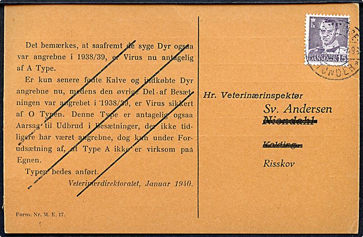 15 øre Fr. IX på fortrykt brevkort fra Tønder vedr. Mund- og Klovsyge i Tønder annulleret med bureaustempel Bramminge - Tønder sn3 T.493 d. 3.12.1951 til Risskov.