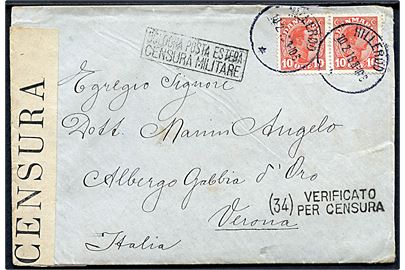 10 øre Chr. X i parstykke på brev fra Hillerød d. 10.2.1916 til Verona, Italien. Åbnet af italiensk censur.
