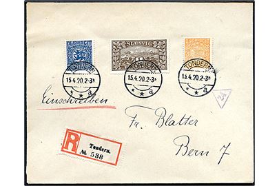 20 pfg., 25 pfg. og 1 mk. Fælles udg. på anbefalet brev fra Tondern **a d. 15.4.1920 til Bern, Schweiz.