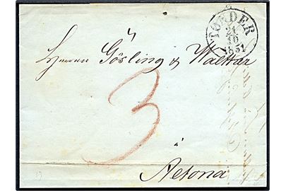 1851. Ufrankeret portobrev med antiqua Tønder d. 21.10.1851 til Altona. Påskrevet 3 med rødkridt.