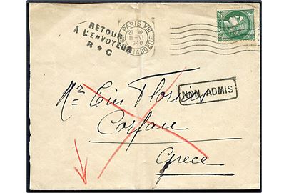 2,50 fr. på brev fra Paris d. 11.6.1940 til Corfou, Grækenland. Retur med flere stempler da postforbindelsen er indstillet.