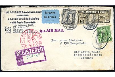 1 cent Franklin, 15 cents Liberty og 15 cents Airmail på anbefalet luftpostbrev fra Los Angeles d. 23.11.1933 via New York til Bielefeld, Tyskland. Rødt luftpoststempel: Mit Luftpost befördert Postamt Hannover 1.