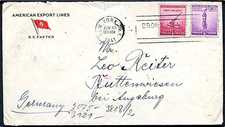 2 cents og 3 cents Defense på fortrykt kuvert fra S/S Exeter, American Export Lines i New York d. 10.6.1941 til Augsburg, Tyskland. Åbnet af tysk censur i Frankfurt.