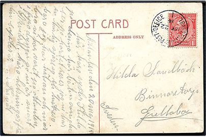 1d George V på brevkort (RMS Mauretania, Cunard Line) dateret i Atlanterhavet og annulleret med sejlende skibspost stempel Transatlantic Post Office 1 d. 22.5.1914 til Sverige.