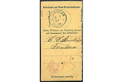 Tondern ** stempel d. 4.7.1887 på kvittering for postpakke.