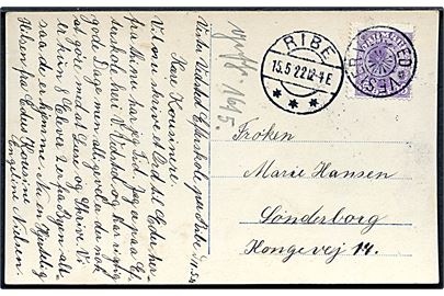 15 øre Chr. X på brevkort annulleret med stjernestempel VESTER VEDSTED og sidestemplet Ribe d. 15.5.1922 til Sønderborg. 