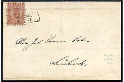 40 pen. rosa single på brevomslag annulleret med rammestempel Raumo d. 6.9.1874 via St. Petersburg til Lübeck. Vandret fold gennem mærke.