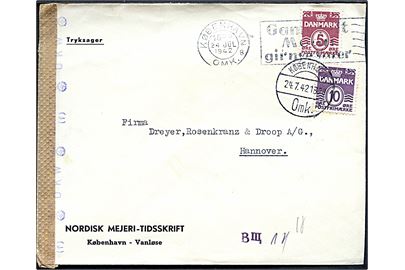 5 øre og 10 øre Bølgelinie på tryksag fra København d. 24.7.1942 til Hannover, Tyskland. Åbnet af tysk censur i Hamburg.