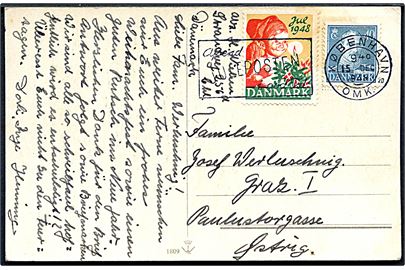 40 øre Chr. X og Julemærke 1948 på julekort fra København d. 15.12.1948 til Graz, Østrig.