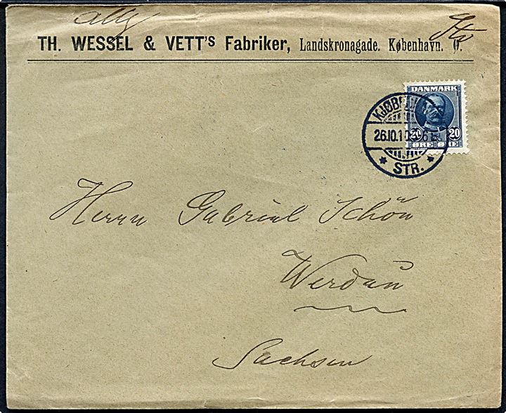 20 øre Fr. VIII single på fortrykt kuvert fra Th. Wessel & Vett's Fabriker i Kjøbenhavn d. 26.10.1910 til Werdau, Tyskland.