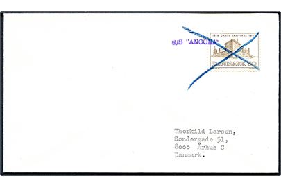 50 øre Dansk Samvirke på skibsbrev annulleret med blækkryds og privat skibsstempel M/S Arcona til Århus, Danmark. På bagsiden transitstemplet Kowloon, Hong Kong d. 26.1.1970.