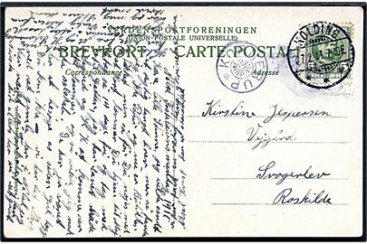 5 øre Fr. VIII på brevkort fra Kolding d. 7.2.1911 til Svogerslev pr. Roskilde. Ank.stemplet med stjernestempel KORNERUP.