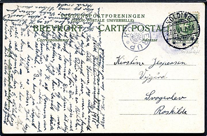 5 øre Fr. VIII på brevkort fra Kolding d. 7.2.1911 til Svogerslev pr. Roskilde. Ank.stemplet med stjernestempel KORNERUP.