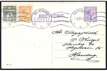 15 øre Chr. X dobbelt helsagsbrevkort (fabr. 57-Z) opfrankeret med 3 øre Bølgelinie og 7 øre Chr. X fra Silkeborg d. 22.6.1921 til Hamburg, Tyskland.