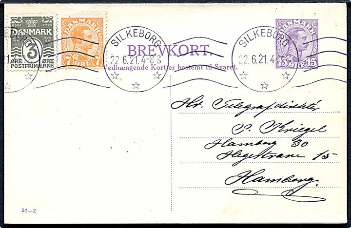 15 øre Chr. X dobbelt helsagsbrevkort (fabr. 57-Z) opfrankeret med 3 øre Bølgelinie og 7 øre Chr. X fra Silkeborg d. 22.6.1921 til Hamburg, Tyskland.