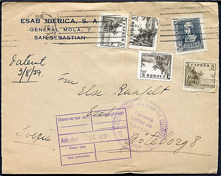 5 cts Rytter (4) og 50 cts. Isabel på brev fra San Sebastian d. 3.8.1939 til Göteborg, Sverige. Lokal spansk censur fra San Sebastian.