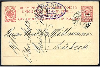 Russisk 10 kop. helsagsbrevkort anvendt i Finland fra Camlakarleby annulleret med bureaustempel K.P.X.P. No. 8 d. 6.9.1910 til Lübeck, Tyskland.