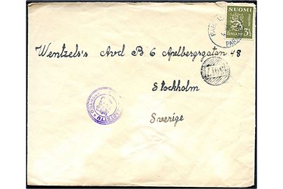3½ mk. Løve på brev fra Pargas d. 4.5.1944 sidestemplet med nr.stempel 3017 til Stockholm, Sverige. Finsk censur.