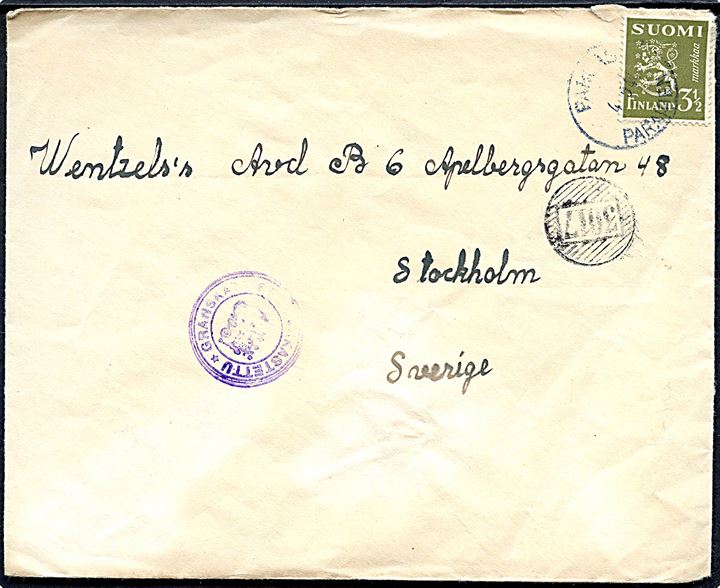 3½ mk. Løve på brev fra Pargas d. 4.5.1944 sidestemplet med nr.stempel 3017 til Stockholm, Sverige. Finsk censur.