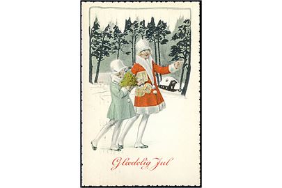 W. K.: Glædelig Jul. Piger med pakker, går ude i sneen. No. 6. 