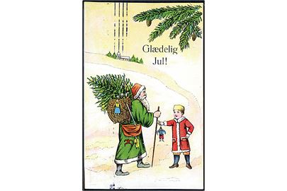 Glædelig Jul. Dreng får dukke af Julemanden, der er iført grøn kåbe. No. 352. 