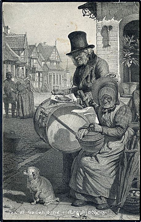 Ærøskøbing. Gadehjørne med udråber og kone 1869. Efter litografi af Pietro Krohn. C. Th. Creutz  no. 23387. 