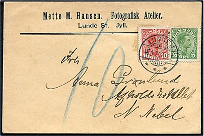 5 øre og 10 øre Chr. X på underfrankeret brev fra Lunde J. d. 18.8.1920 til N. Nebel. Udtakseret i 10 øre porto.