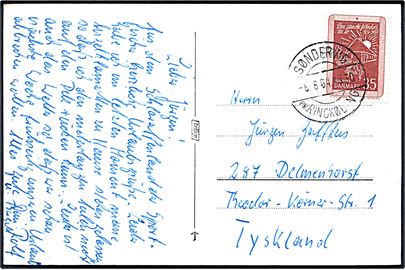 35 øre Folkeskoleloven på brevkort annulleret med pr.-stempel Søndervig pr. Ringkøbing d. 6.8.1964 til Delmenhorst, Tyskland. Lodret fold.