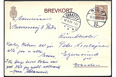 20 øre Fr. IX helsagsbrevkort (fabr. 182) annulleret med brotype Vc Ribe B. d. 16.4.1954 til Graasten.