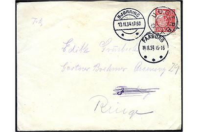 15 øre Karavel på brev annulleret med udslebet stjernestempel UGGERBY og sidestemplet Hjørring d. 13.11.1934 til Faaborg - eftersendt til Ringe.