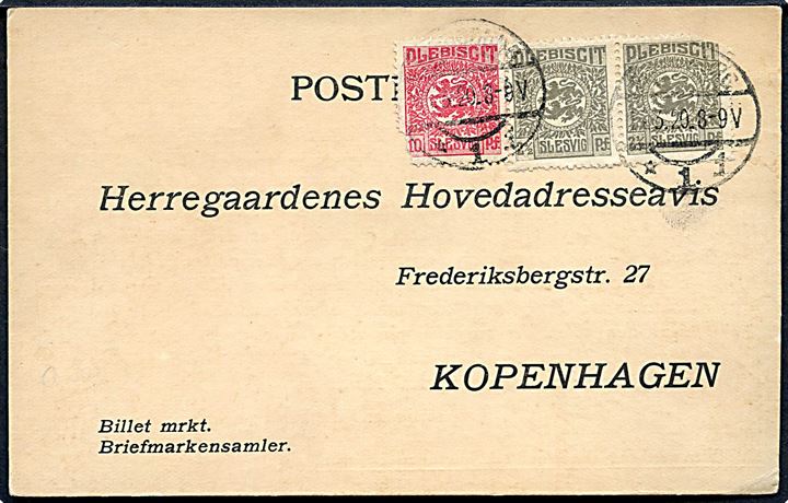 2½ pfg. (par) og 10 pfg. (defekt) Fælles udg. på brevkort fra Flensburg d. ?.3.1920 til København.