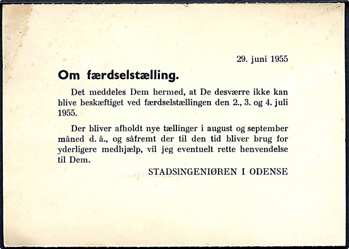 12 øre posthusfranko på tryksags-kort fra Odense ** d. 20.6.1955 til Ringe. Meddelelse fra Stadsingeniøren i Odense vedr. Færdselstælling.
