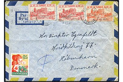 6 fr. (2) og 25 fr., samt dansk Julemærke 1948, på luftpostbrev fra sømand ombord på M/S Rhodos i Tunis d. 27.12.1948 til København, Danmark.