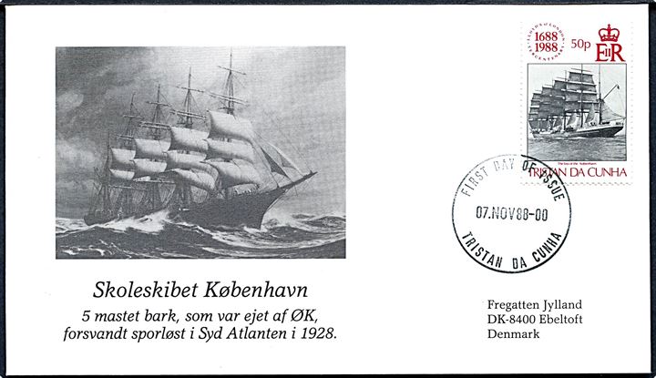50d Skoleskibet København på illustreret FDC stemplet Tristan da Cunha d. 7.11.1988 til Ebeltoft, Danmark.