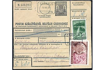 3 f. og 30 f. på adressekort for pakke fra Csaszlo d. 31.7.1950 til Ladanybene. Lukket rift.