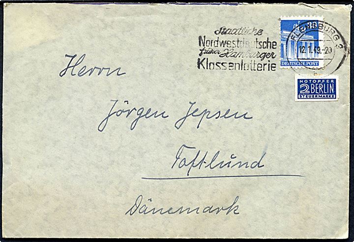 30 pfg. Brandenburger Tor og 2 pfg. Berlin Notopfer på brev fra Flensburg d. 12.1.1949 til Toftlund, Danmark.