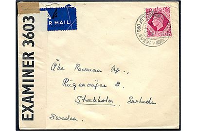 8d George VI single på luftpostbrev fra Woners d. 7.7.1943 til Stockholm, Sverige. Åbnet af britisk censur PC90/3603. Ank.stemplet Stockholm d. 14.7.1943.