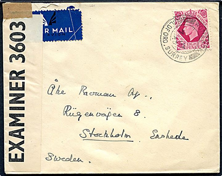 8d George VI single på luftpostbrev fra Woners d. 7.7.1943 til Stockholm, Sverige. Åbnet af britisk censur PC90/3603. Ank.stemplet Stockholm d. 14.7.1943.