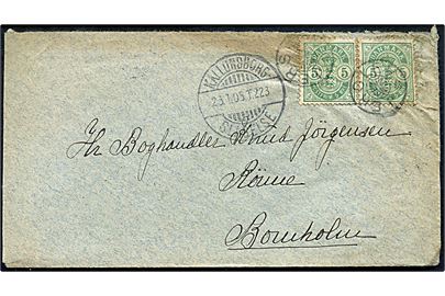 5 øre Våben (par) på brev annulleret med stjernestempel JERSLEV og sidestemplet Kallundborg - Slagelse T.223 d. 23.1.1905 til Rønne, Bornholm.