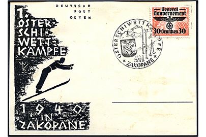 General Gouvernement 30/5+5 gr. Provisorium på uadresseret illustreret brevkort annulleret med særstempel Osterschiwettkämpfe Zakopane 1940.